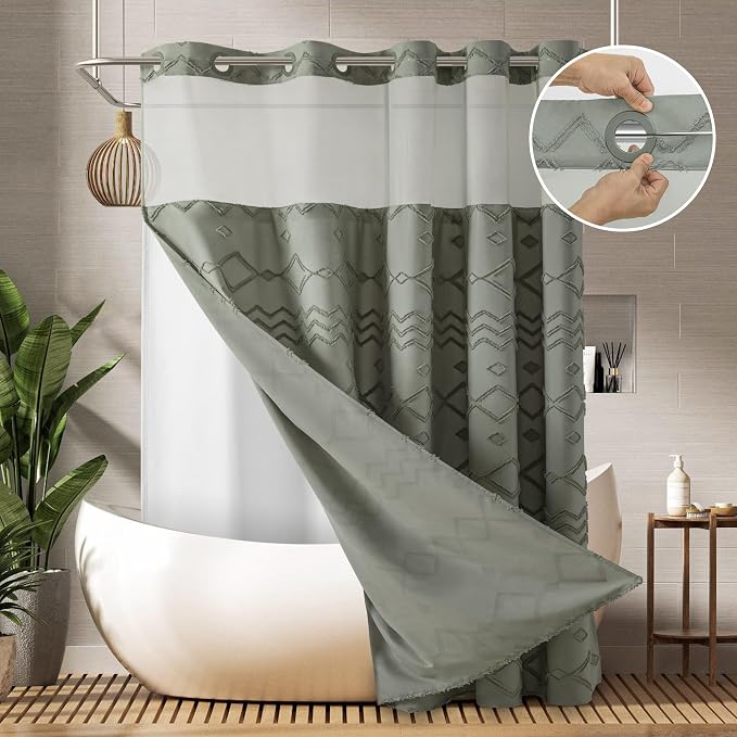 Long No Hook Tufted Chevron Striped Shower Curtain by PANGSINNEDirect
