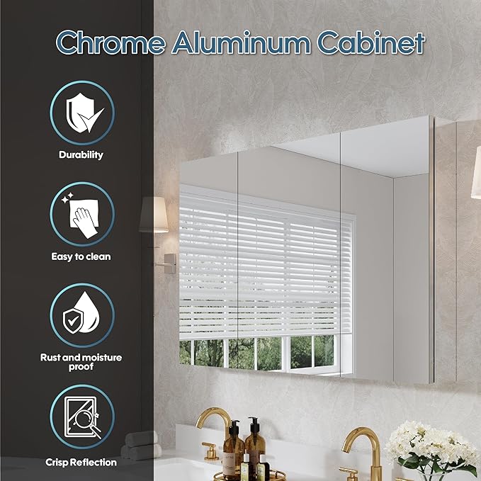WELLFOR 48" x 30" Bathroom Medicine Cabinet, Anodized Chrome Aluminum Frame - Image 3