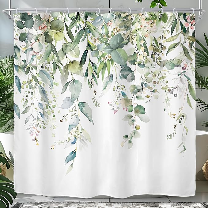 Riyidecor Green Eucalyptus Leaves Shower Curtain by Riyidecor