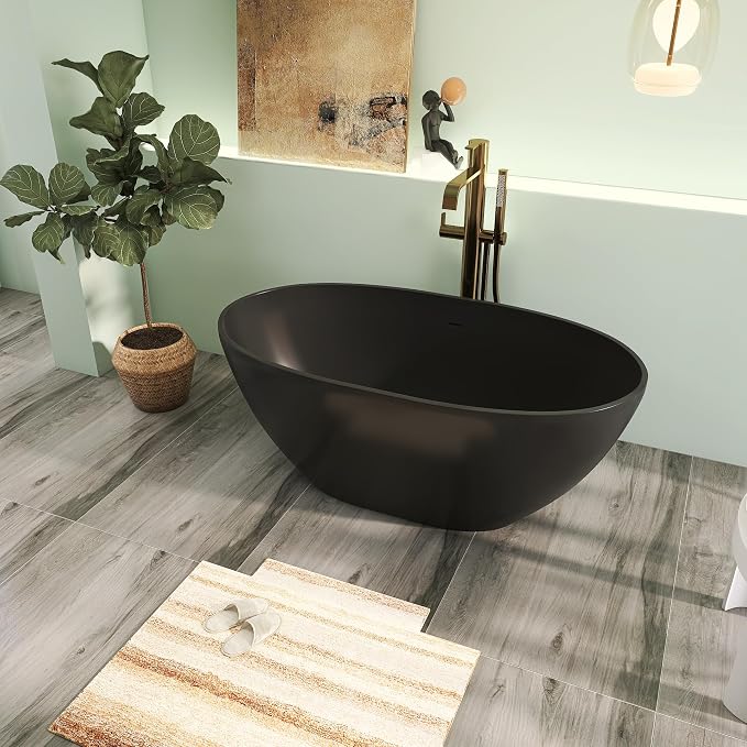 55" Premium Solid Surface Freestanding Bathtub, Upgraded Oval Stone Resin Tub - Image 3