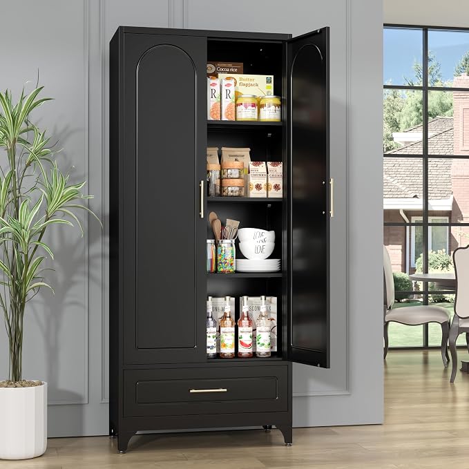Metal Storage Cabinet with Drawers, 75Inch Black Pantry Cabinets - Image 4