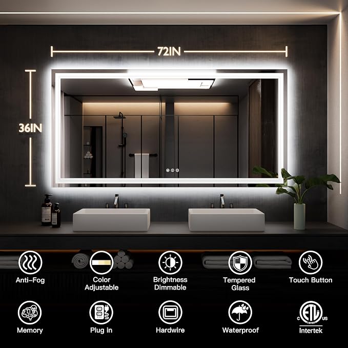 ISKM 72'' x 36'' LED Mirror for Bathroom Lighted Vanity Mirror for Wall Front - Image 7