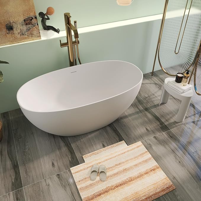 59" Premium Solid Surface Freestanding Bathtubs, Upgraded Matte White Modern - Image 2