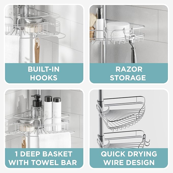 Zenna Home Tension Pole Shower Caddy Corner Organizer, Adjustable Standing - Image 6