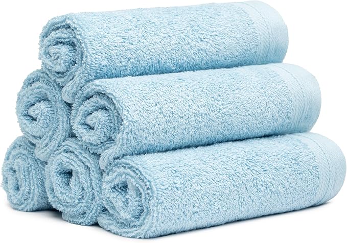 100% Cotton Washcloths Set 13” x 13” | Sky Blue Towels | Set of 6 Ultra Soft by Weidemans