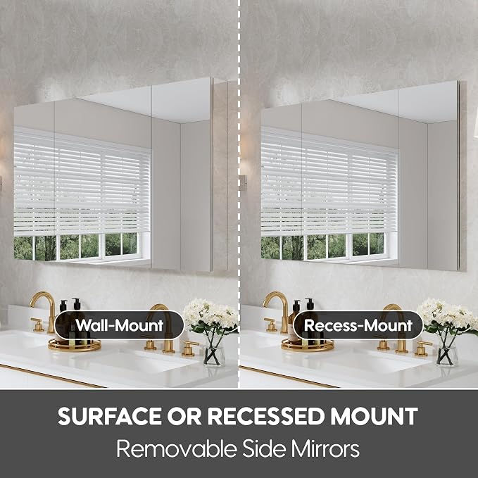 WELLFOR 48" x 30" Rectangle Medicine Cabinet Mirror, Surface Mount or Recessed - Image 5
