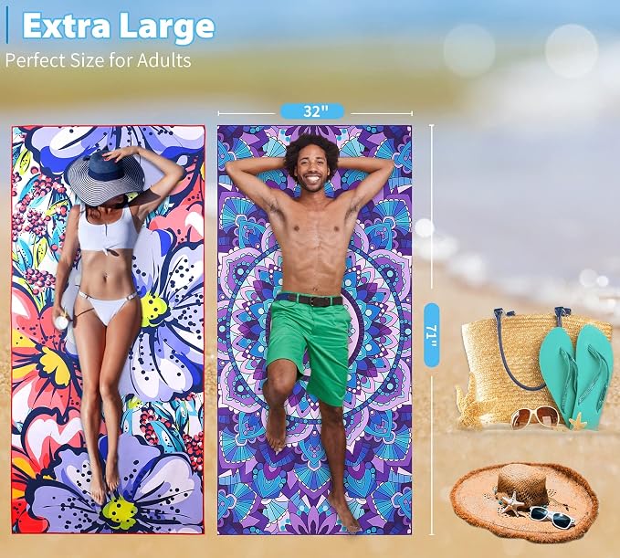2 Pack Microfiber Oversized Lightweight Beach Towel 71"x32" XL Extra Large Thin - Image 3