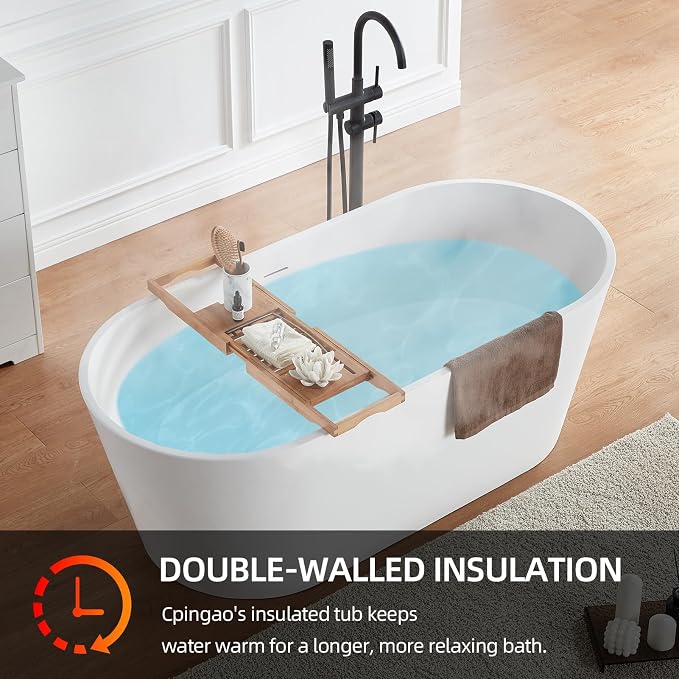 Cpingao 63" Stone Resin Freestanding Bathtub, Modern Oval Solid Surface Soaking - Image 8