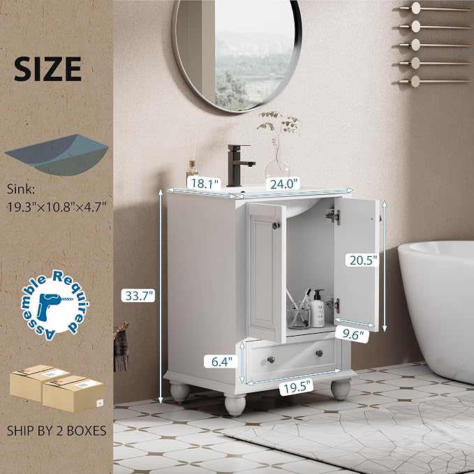 eclife 24" Bathroom Vanity Sink Combo Vintage Style - Image 2