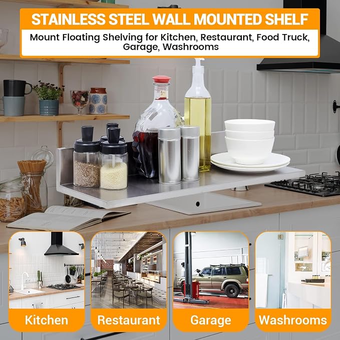 Stainless Steel Wall Shelf 8.6"x16" 50LB, 2 Packs L-Shaped Commercial Wall - Image 5
