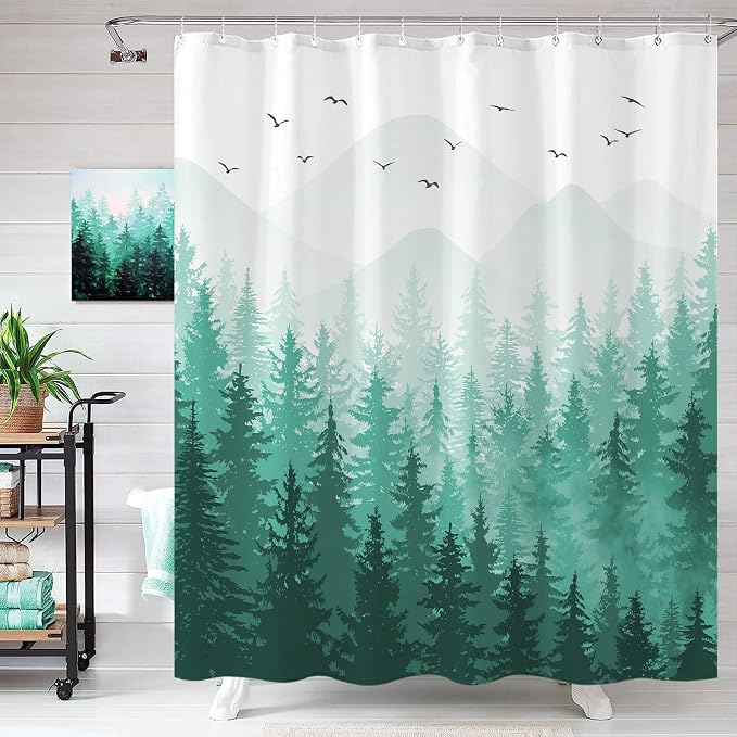 Aipon Teal Misty Forest Shower Curtain Ombre Nature Tree Plants Shower Curtains - Image 2