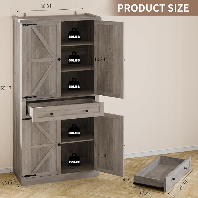 Pantry Organizers and Storage Cabinet, 70” Barn Door White Kitchen Cabinet - Image 2