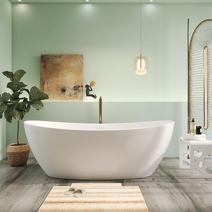 73" Premium Solid Surface Freestanding Bathtub, Contemporary Design Stand Alone by HIGEINE