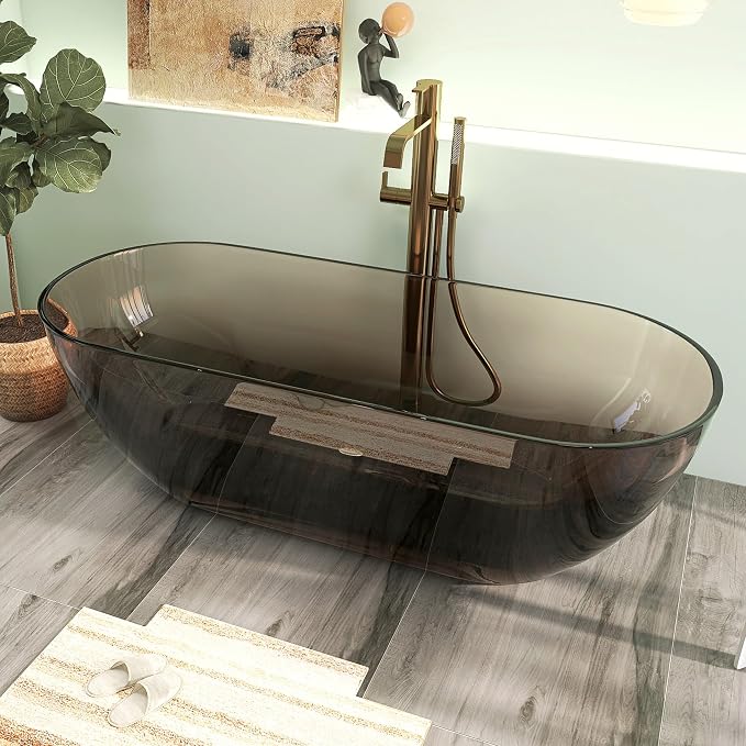 69" Premium Solid Surface Free Standing Bathtub, Unique Transparent Brown Stone by HIGEINE