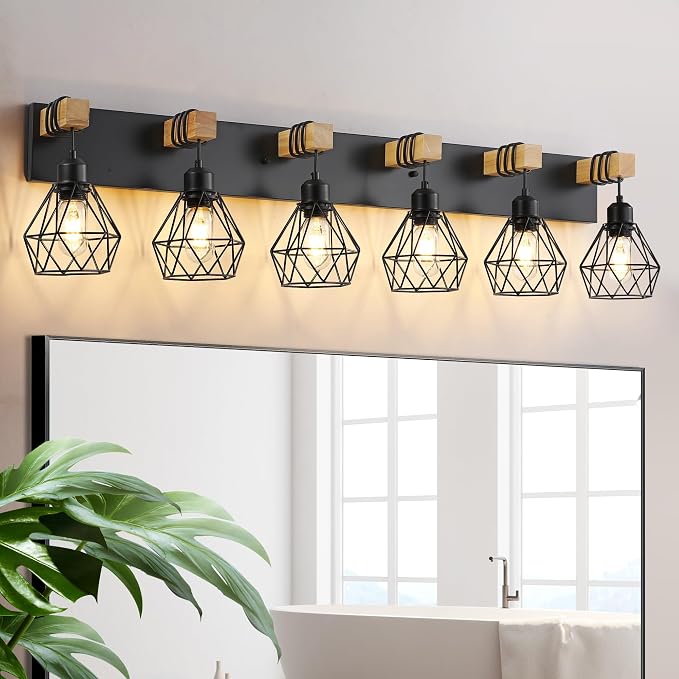 Farmhouse Vanity Light for Bathroom, 6-Light Wood Bathroom Vanity Light by LIGHTUPYOURLIFE