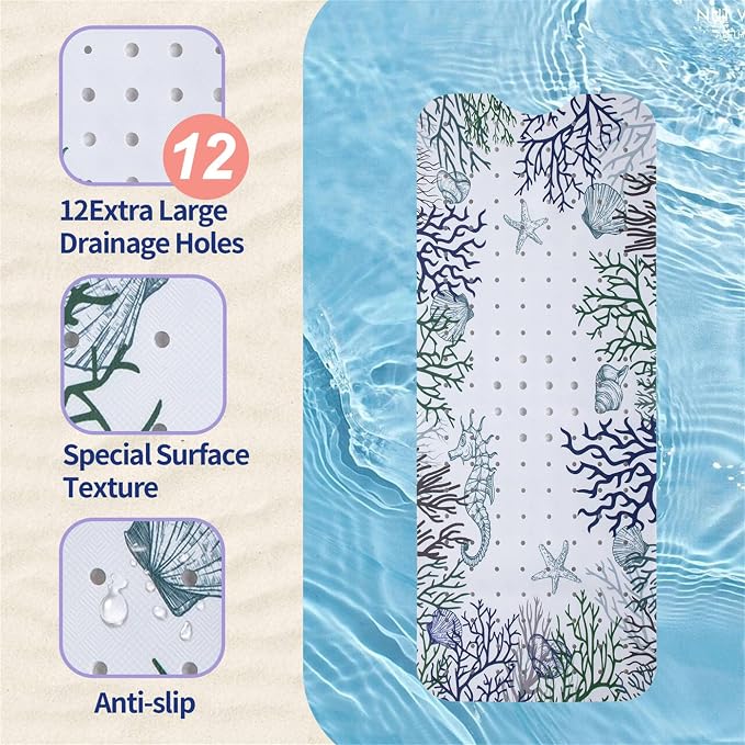 Seahorse Bathtub Mat Non Slip for Kids 40x16in Extra Long Anti Slip Bath Mat - Image 3