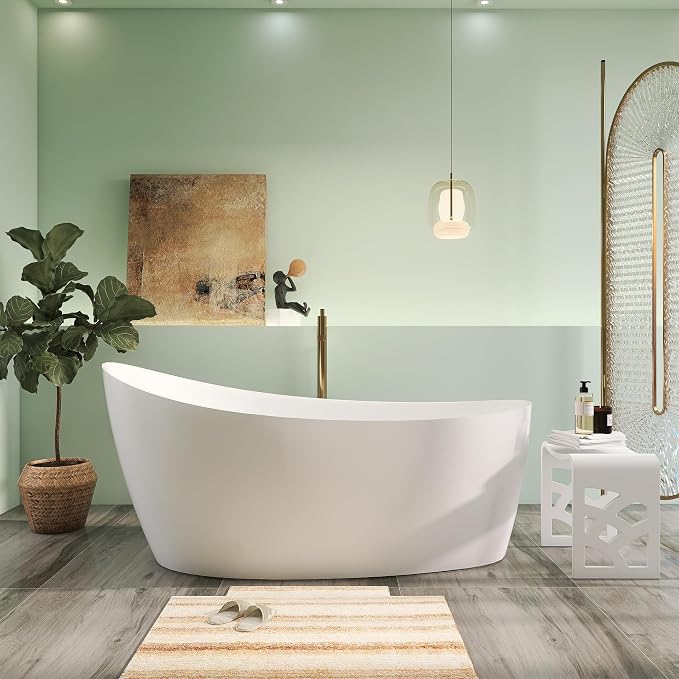 Premium Unique 65" Solid Surface Freestanding Tub, Upgraded Matte White Stone by HIGEINE