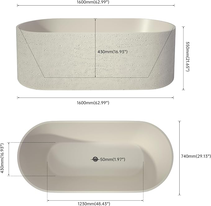 63" Premium Travertine Solid Surface Freestanding Bathtub, Unique Matte - Image 3