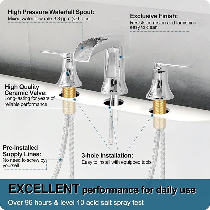 Chrome Deck Mount Tub Faucet 3 Hole, Brass Widespread Waterfall Bathtub Faucet - Image 5