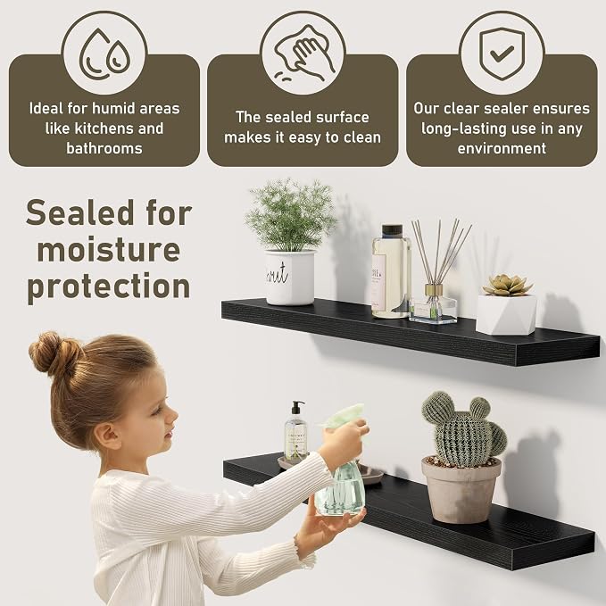 Fun Memories Black Floating Shelves Wall Shelf 24 Inch Long, Rustic Bathroom - Image 5