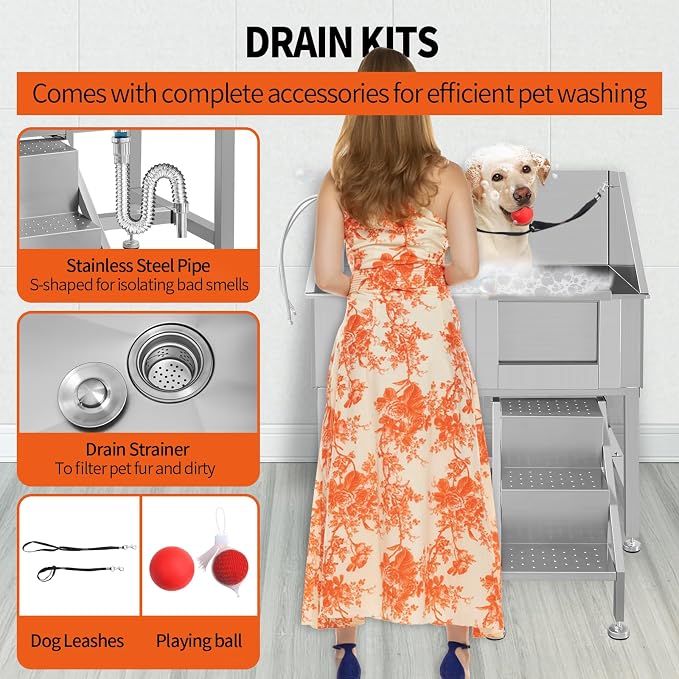 38 Inch Dog Grooming Bathtub Station, Professional Stainless Steel Wash Shower - Image 7
