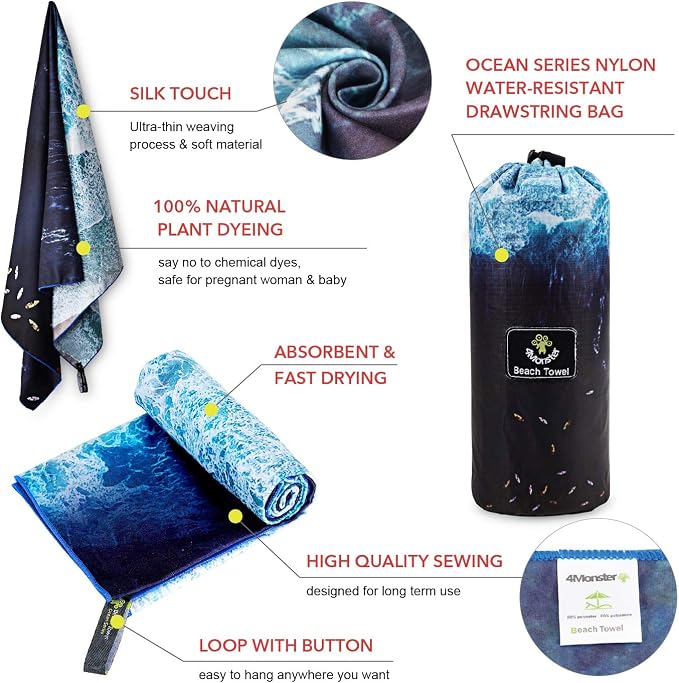 4Monster Microfiber Beach Towel Quick Dry, Super Absorbent Lightweight Travel - Image 3