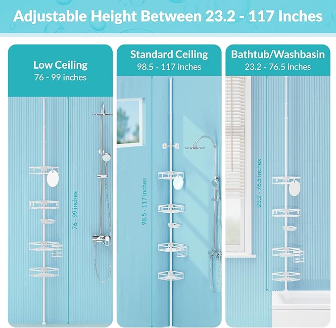 Shower Caddy Tension Pole, 4-Tier Adjustable Corner Shower Standing Caddy - Image 6