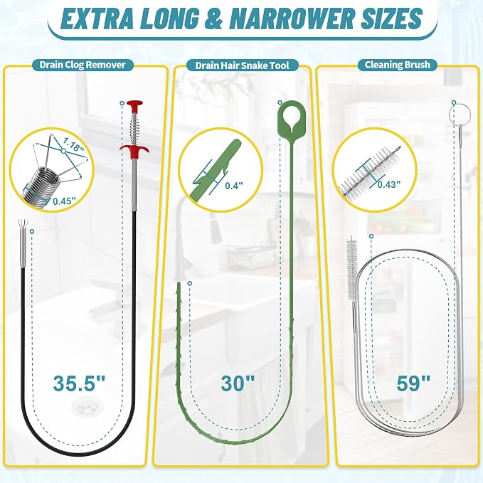 35.5 Inch Drain Clog Remover Tool, 30 Inch Sink Snake Drain Tool & 59 Inch Tube - Image 2