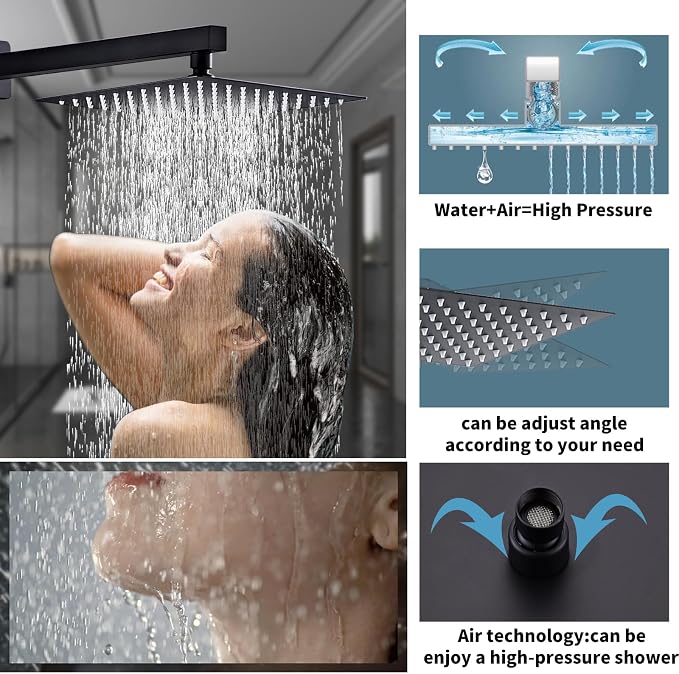 10" Matte Black Shower Faucet Set – Square Rainfall Showerhead + Handheld & - Image 3