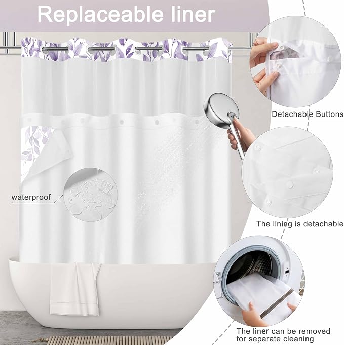 No Hook Shower Curtain and Liner Set, Light Purple Eucalyptus Floral Shower - Image 3