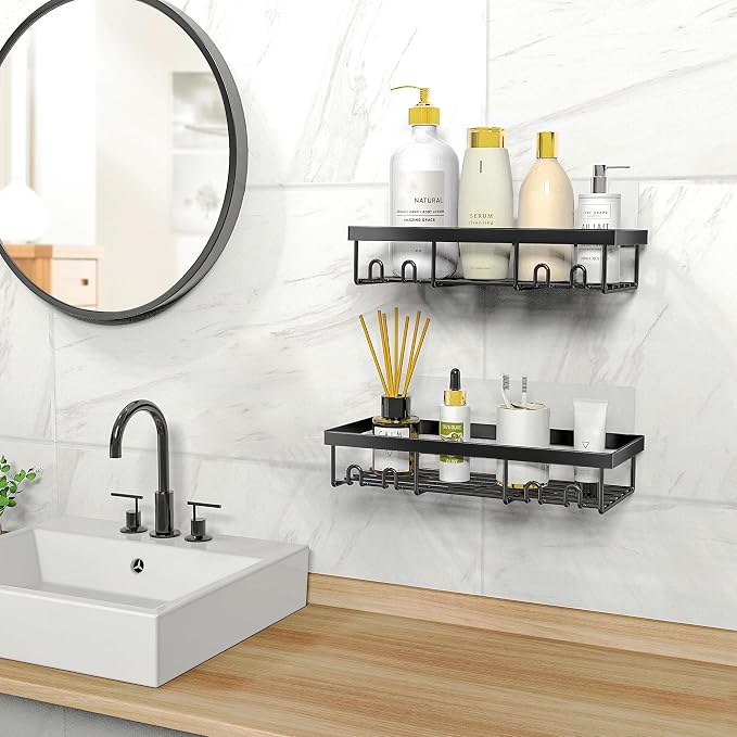 Moforoco Large Shower Caddy Shelf Organizer Rack, Self Adhesive Black Bathroom - Image 7