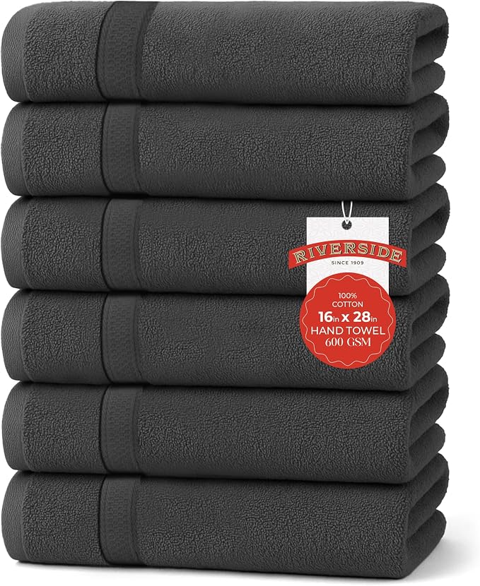 RIVERSIDE 6 Pack Premium Hand Towels Set, 16x28 inches, 100% Ring Spun Cotton by RIVERSIDE