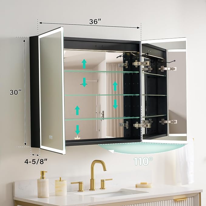 WELLFOR 36" X 30" LED Mirrored Medicine Cabinet, Medicine Cabinets - Image 2