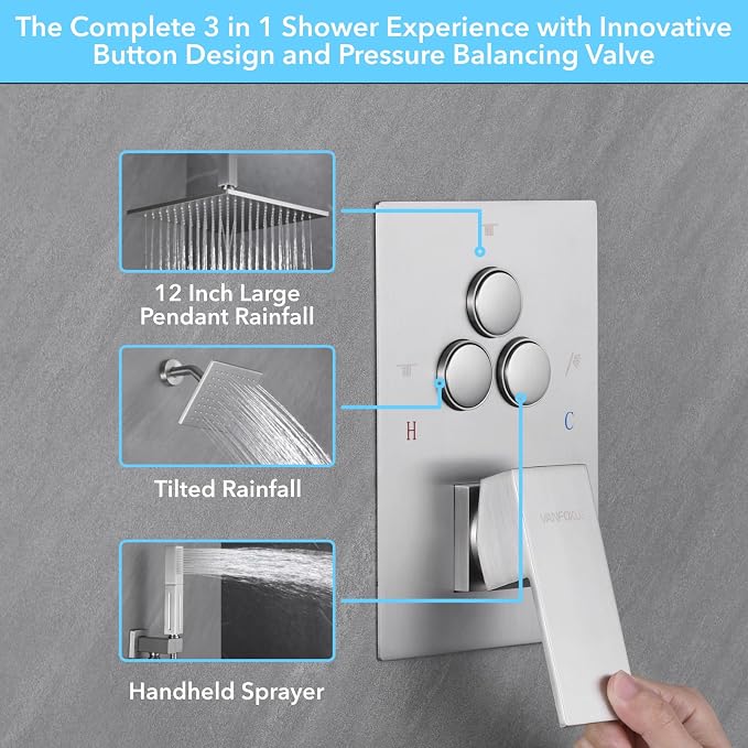 VANFOXLE Shower Faucet Set Brushed Nickel Shower System, Push Button Diverter - Image 4