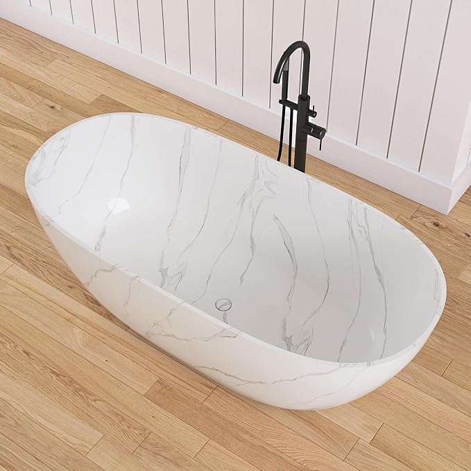 63 '' Stone Resin Freestanding Bathtub, Elegant Oval Shape Soaking Tub - Image 3