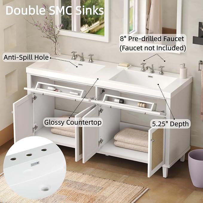 60" Bathroom Vanity with SMC Double Sink, Modern Large Storage Space with 2 - Image 6