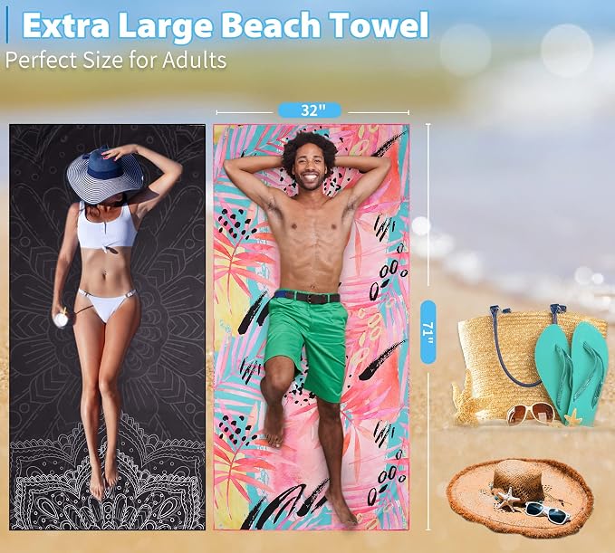 2 Pack Lightweight Thin Beach Towel Oversized 71"x32" Big Extra Large - Image 3