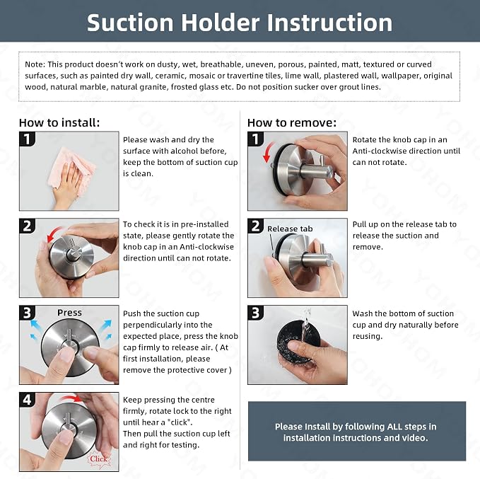 YOHOM Vacuum Suction Cup Hooks Shower Towel Holder Bathroom Shower Hook Brushed - Image 7