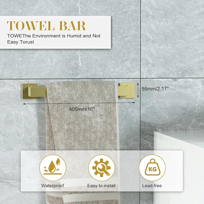 Bathroom Accessory Towel Bar Set: 5 Pieces Gold Bathroom Hardware Square SUS304 - Image 2