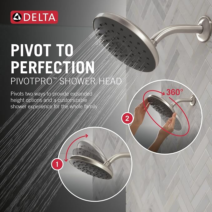 Delta PivotPro Brushed Nickel Rain Showerhead, Single Setting 7 Inch Round - Image 2