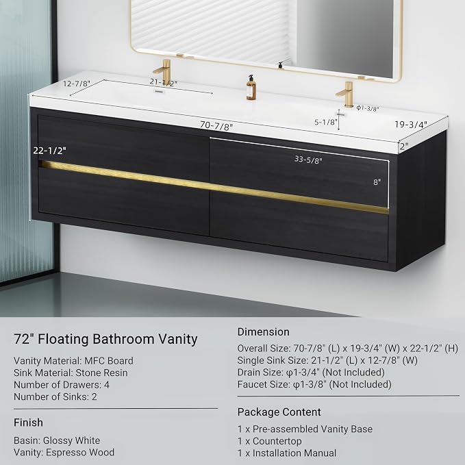 72" Wall-Mounted Bathroom Vanity - Image 6