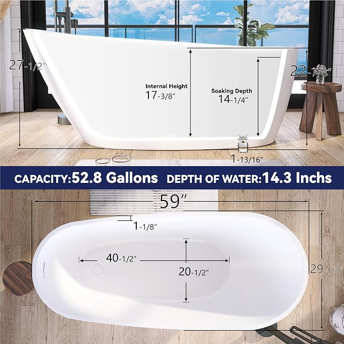 59" Acrylic Free Standing Tub, Stand Alone Tub, Freestanding Bathtub, Soaking - Image 5