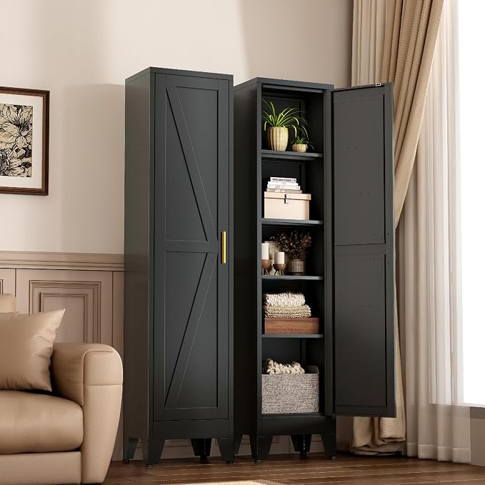 Narrow Metal Cabinet with 4 Adjustable Shelves and Barn Doors, Tall Bathroom - Image 2