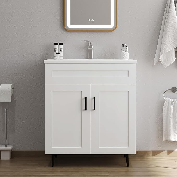 30" Bathroom Vanity with Sink, Freestanding Wooden Bathroom Vanity with 2 Doors - Image 3