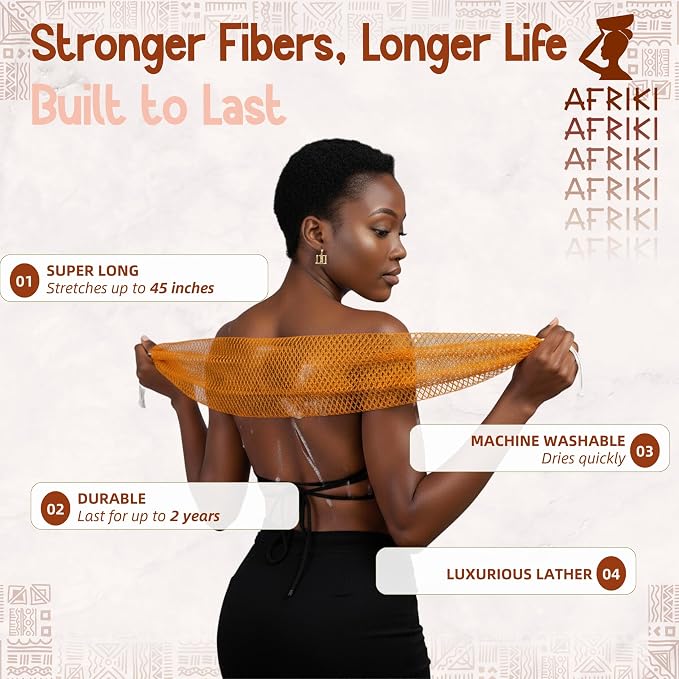 AFRIKI African Net Sponge – Exfoliating Body Scrubber, All Skin Types | 45 in - Image 3