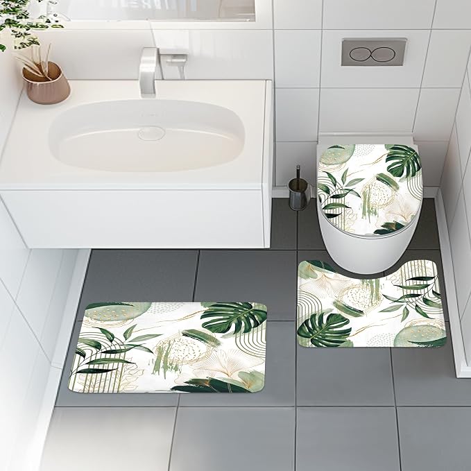 4 PCS Sage Green Boho Shower Curtain Set 72Wx72H, Non-Slip Bath Rug Toilet Lid - Image 2