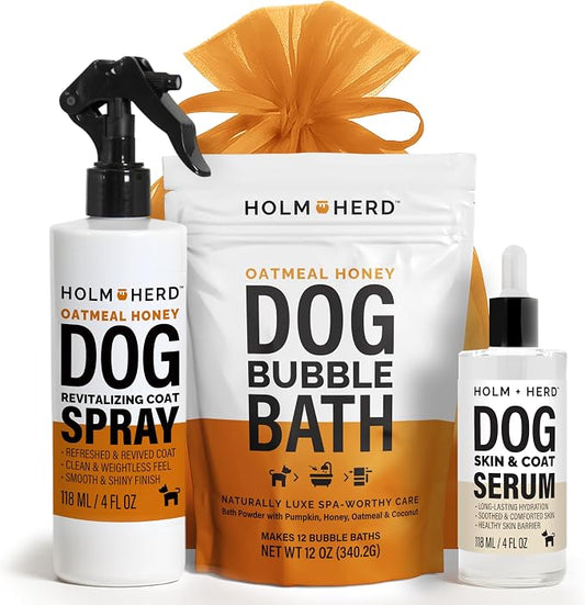 Holm & Herd Oatmeal Honey Dog Care Gift Bundle – 3 Piece Grooming Set by HolmHerd