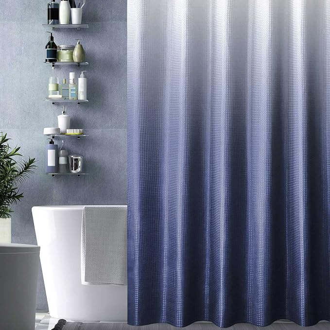 Gibelle Waffle Weave Ombre Fabric Shower Curtain Navy Blue Bathroom Decor - Image 6