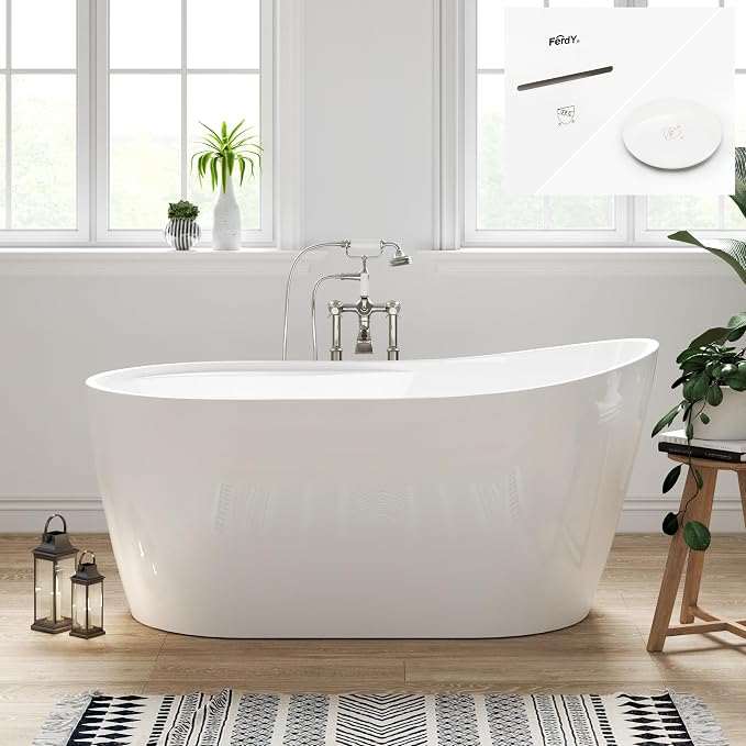 FerdY Lana'i 60" Freestanding Bathtub, Gracefully Shaped Freestanding Soaking by FerdY