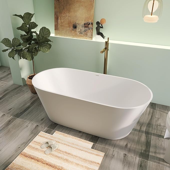 63" Premium Solid Surface Freestanding Bathtubs, Upgraded Oval Stone Resin - Image 3